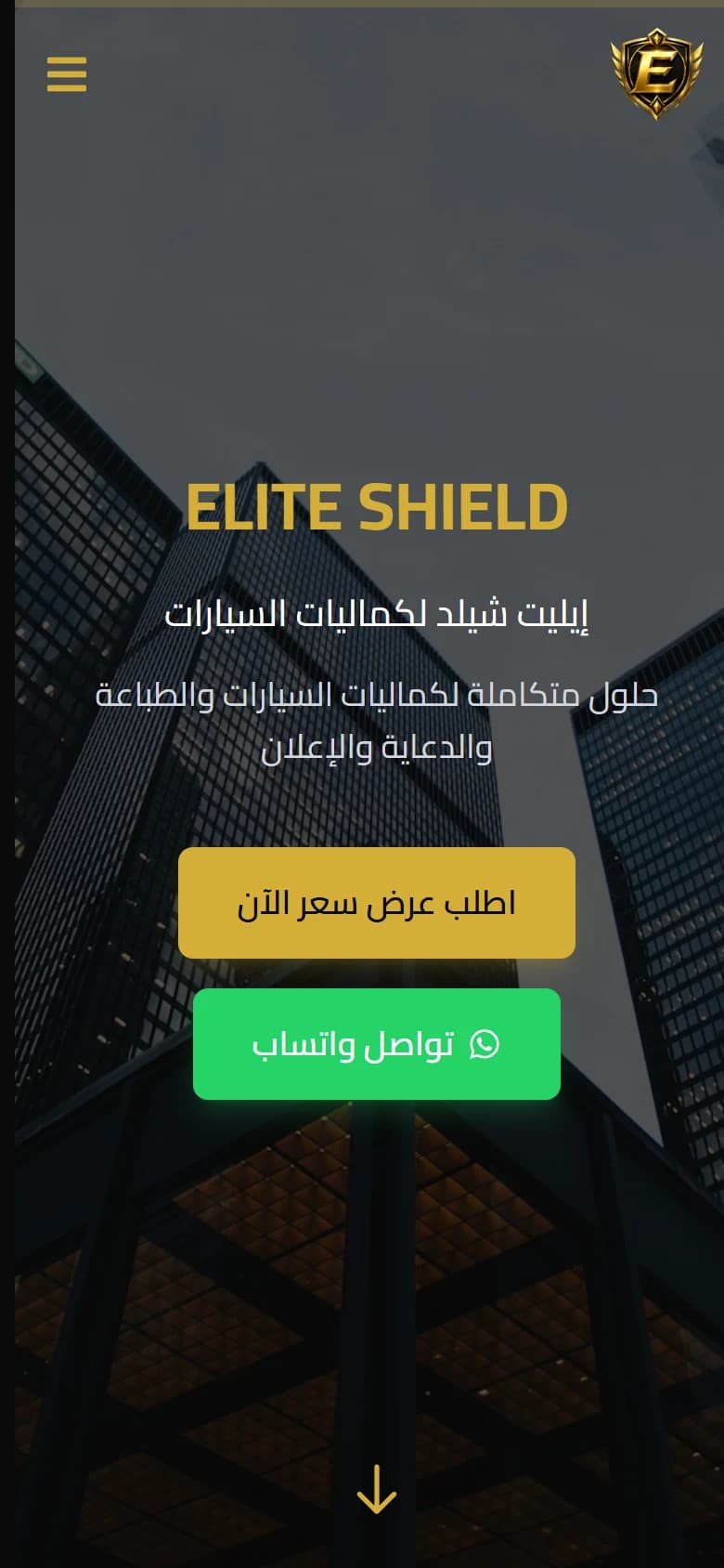 واجهة موقع موقع إيليت شيلد لحماية وكماليات السيارات